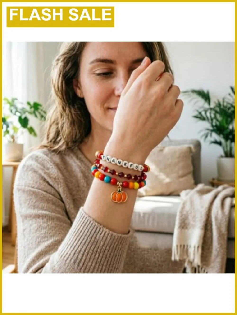 Thankful Beaded Charm Bracelet Set Gold Tone Stackable Thanksgiving